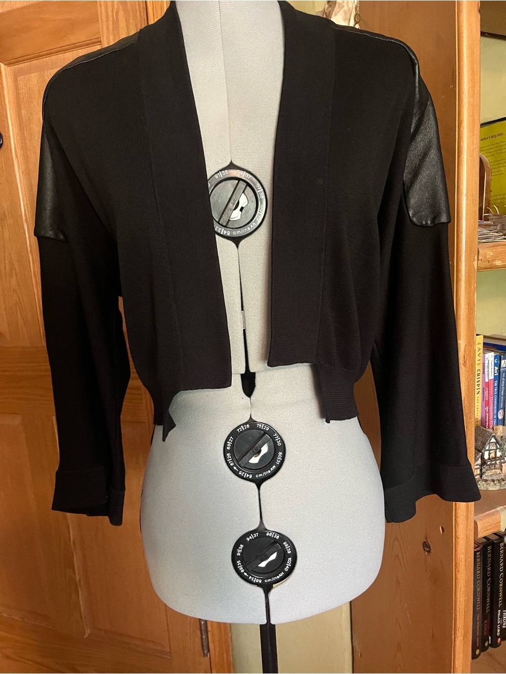 Anne Fontaine Black Cropped Open-Front Jacket with Faux Leather Shoulder
